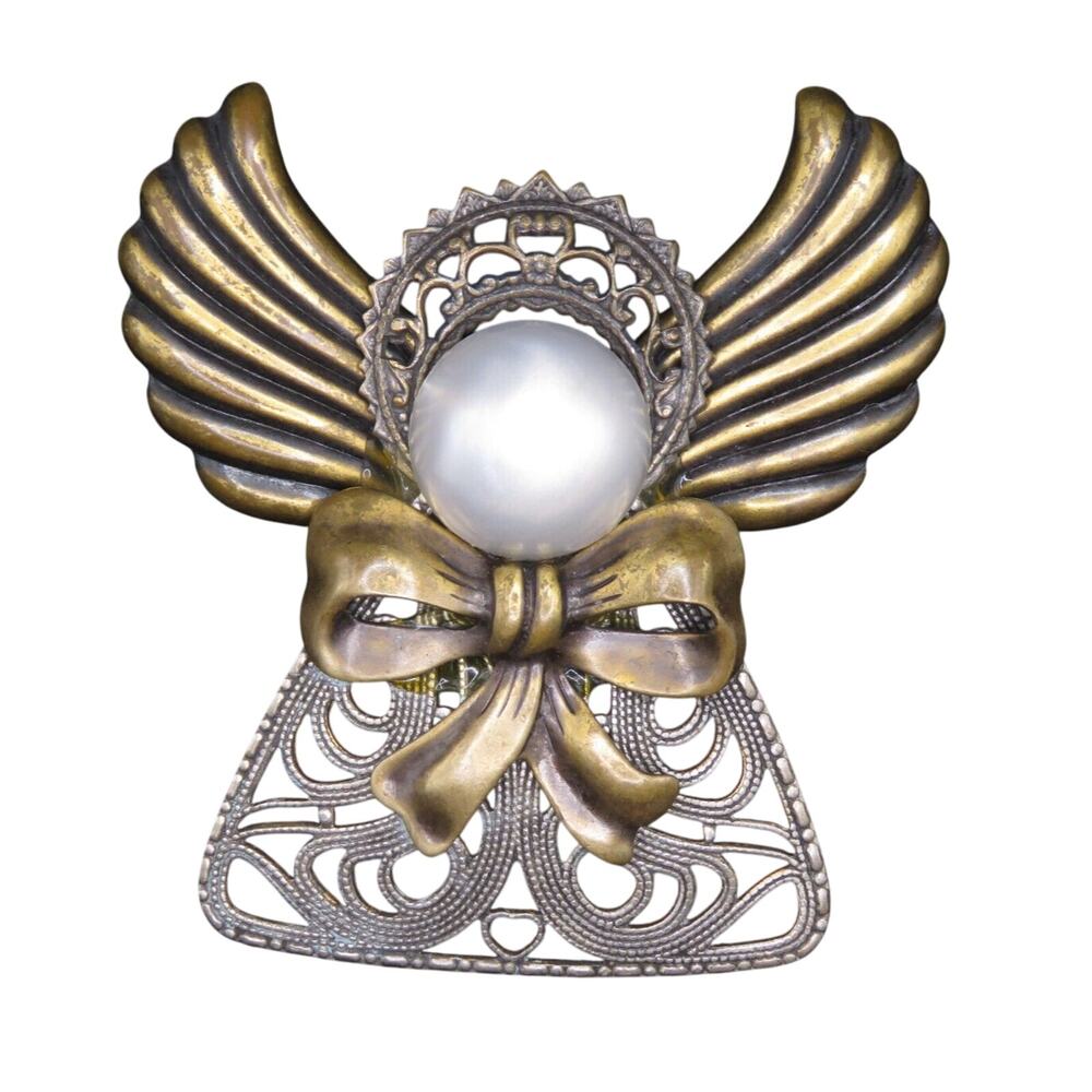 Vintage Angel Brooch Pin Silver And Gold Tone, Brass Faux Pearl Head 2" Gift Box